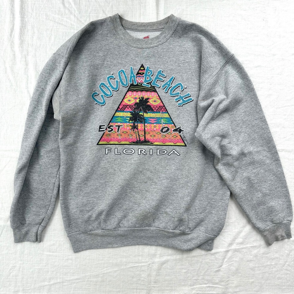 Vintage Cocoa Beach Florida Sweatshirt Heather Gray Palm Tree Graphic Small